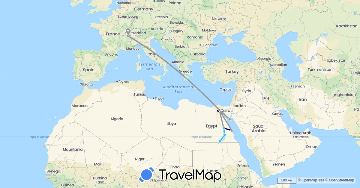 TravelMap itinerary: driving, plane, boat in Switzerland, Egypt (Africa, Europe)